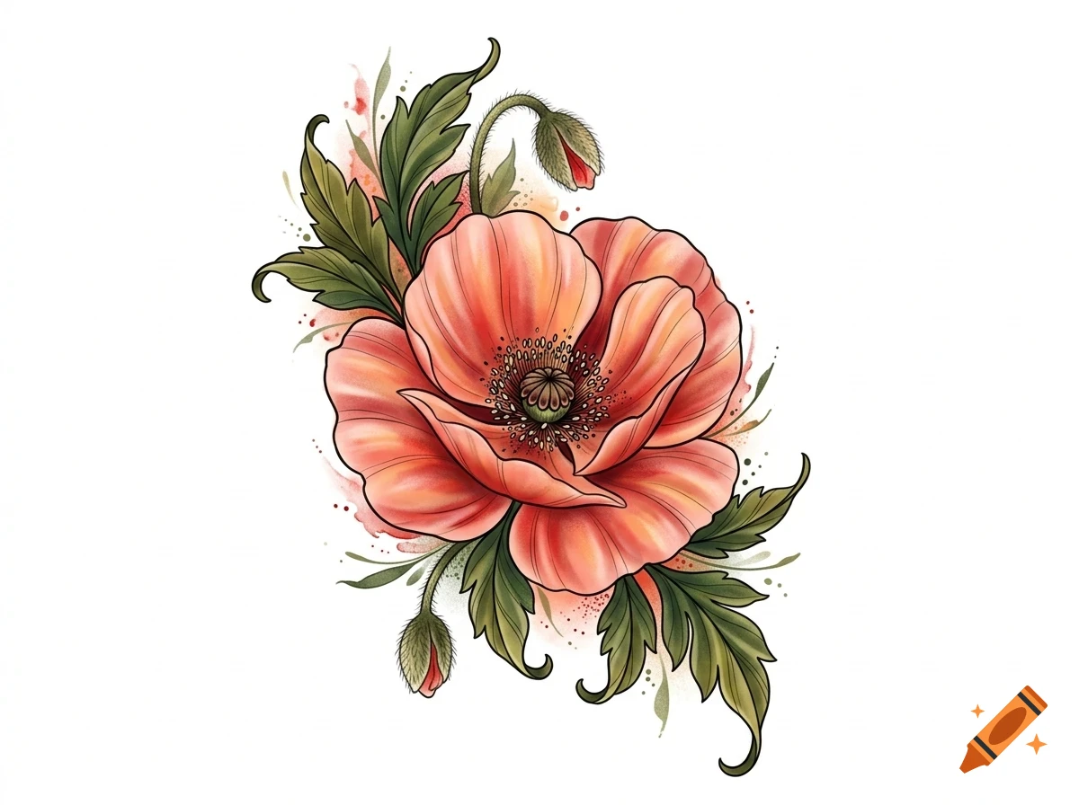 An illustrated orange poppy flower with green leaves and buds, featuring soft watercolor splashes on a white background.