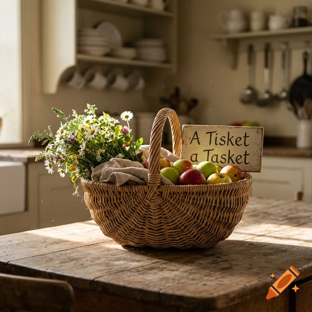 A woven basket filled with fresh apples and wildflowers sits on a wooden kitchen table, next to a sign reading A Tisket a Tasket.