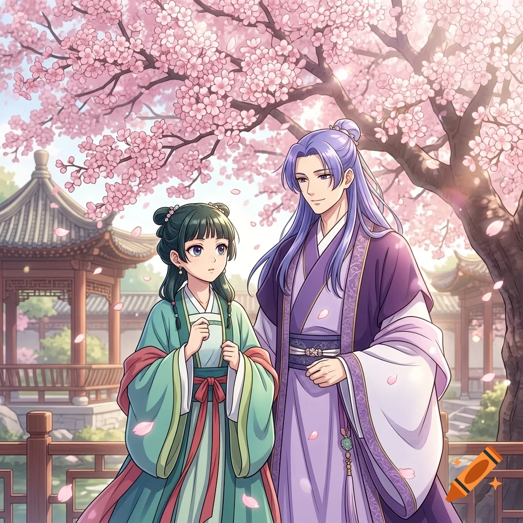 An anime-style illustration of a man with long purple hair and a woman in traditional Asian-style garments standing together under a blooming cherry blossom tree.
