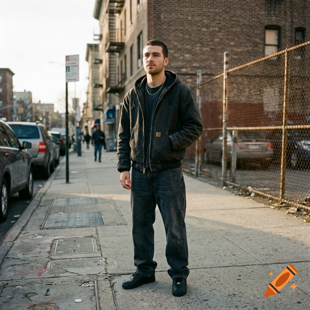 Photorealistic full-length portrait of a young man standing on a city sidewalk wearing a dark jacket and jeans.