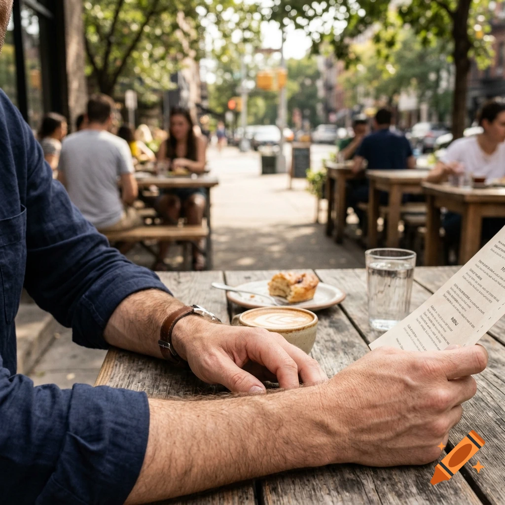 First-person view of a person holding a menu at an outdoor cafe table with coffee and pastry, photorealistic.