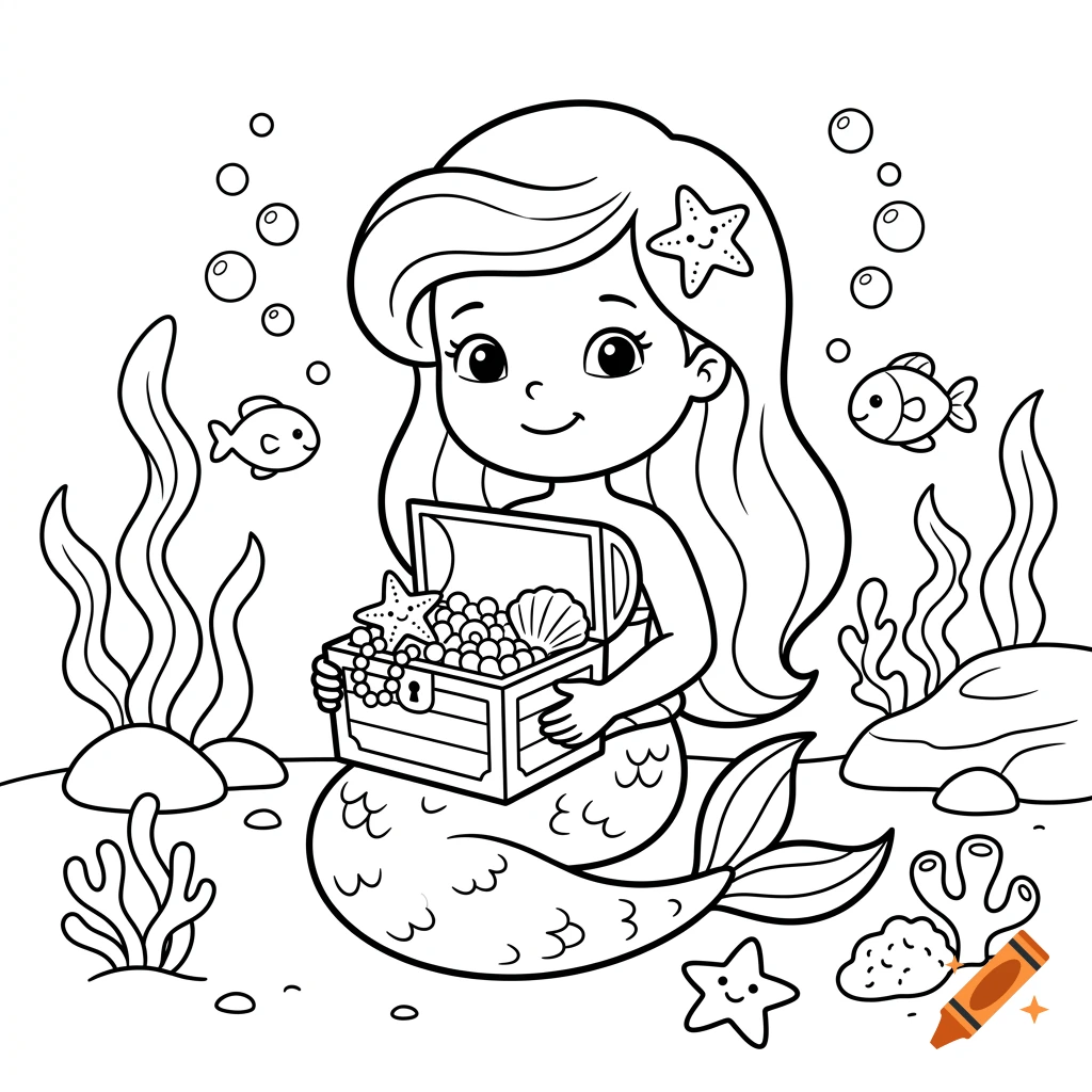 Black and white coloring book page featuring a cute mermaid holding a treasure chest with pearls and shells on the ocean floor.