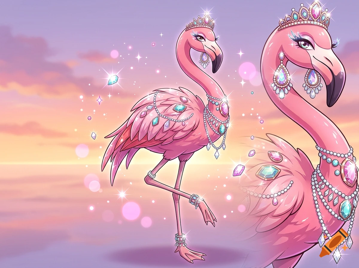 Digital anime style illustration of a pink flamingo adorned with sparkling diamonds, crowns, and jewelry against a sunset background.