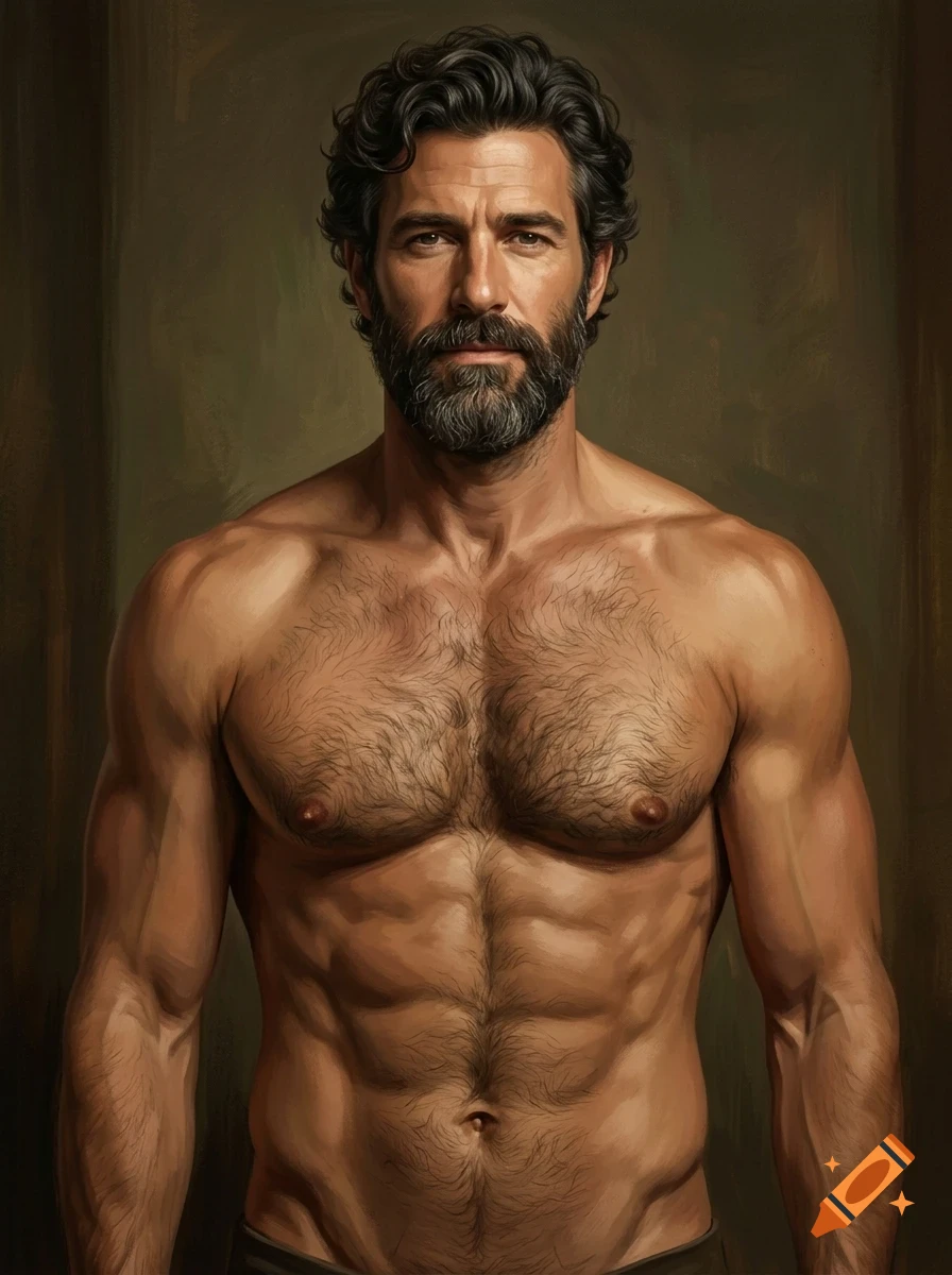 Portrait of a shirtless muscular man with dark curly hair and a beard against a dark background