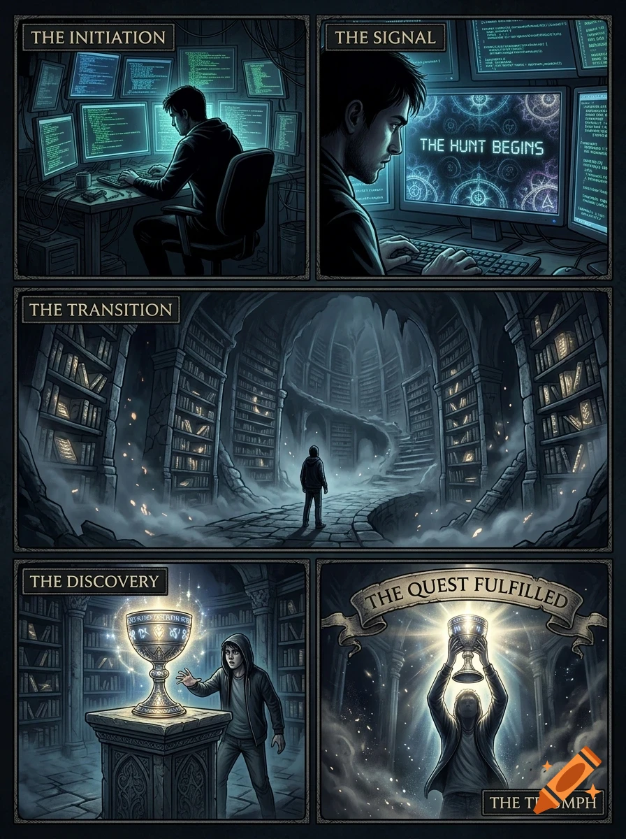 A five-panel comic shows a person at computers, then discovering and raising a glowing cup in a vast library.