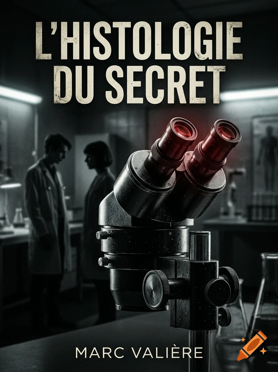 A close-up view of a dark scientific microscope in a dimly lit laboratory, with two researchers standing in the background.