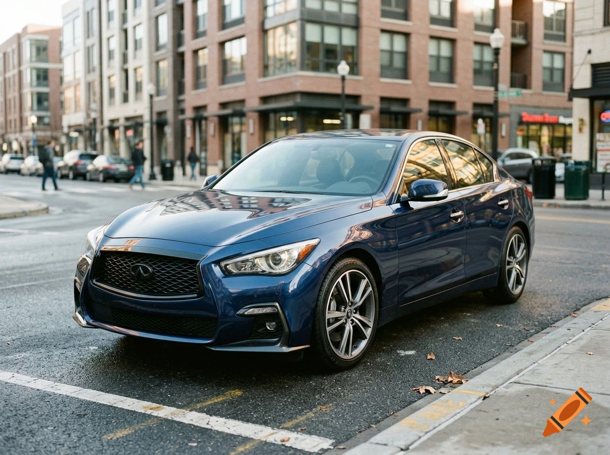 Photorealistic blue sedan parked on a wet city street lined with buildings.