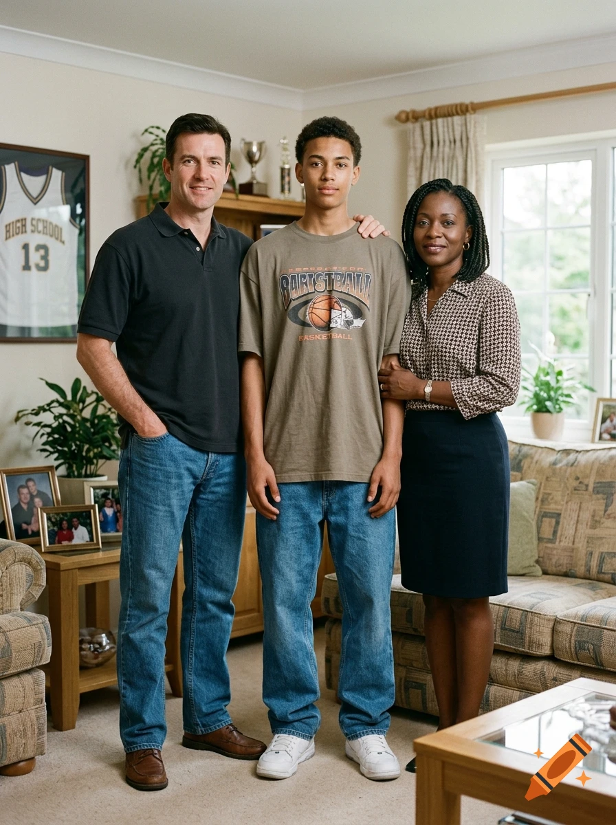 Photorealistic portrait of a family of three standing together in a living room.