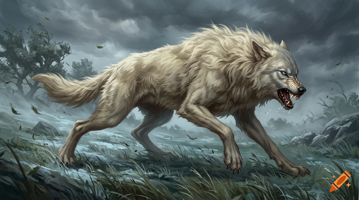 An aggressive white wolf snarls while running through a grassy landscape under a stormy sky.
