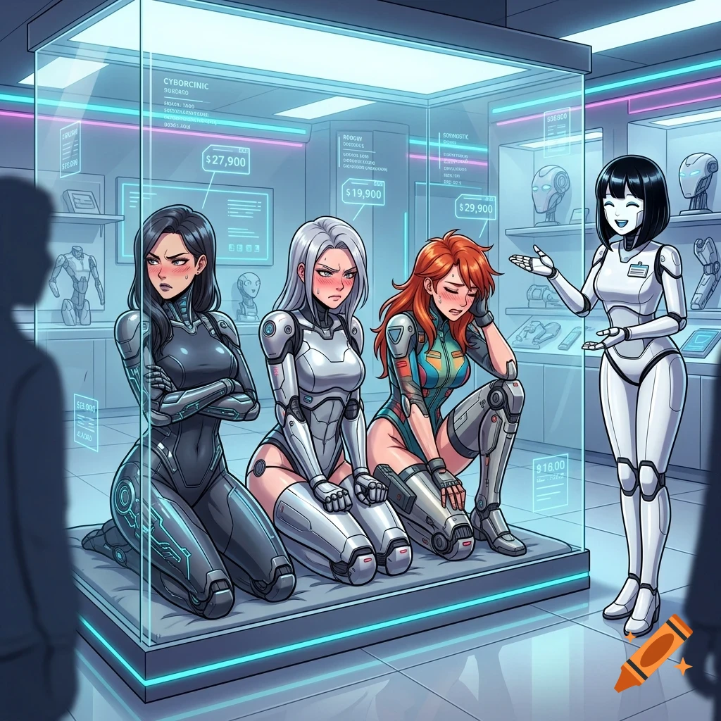 Three female cyborgs kneel inside a glass display case in a futuristic shop, while a smiling robot salesperson presents them to a customer.