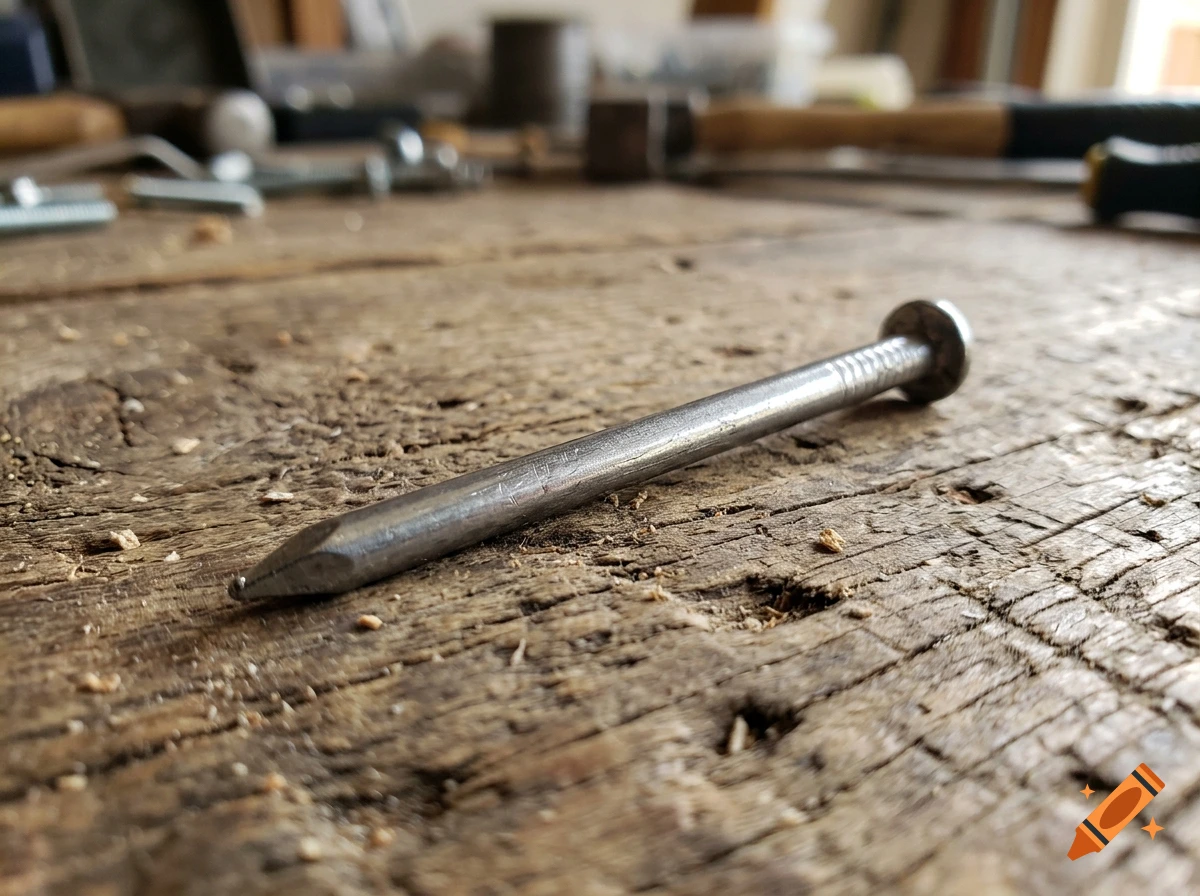 Close-up photorealistic image of a single metal nail lying on a rustic wooden workbench.