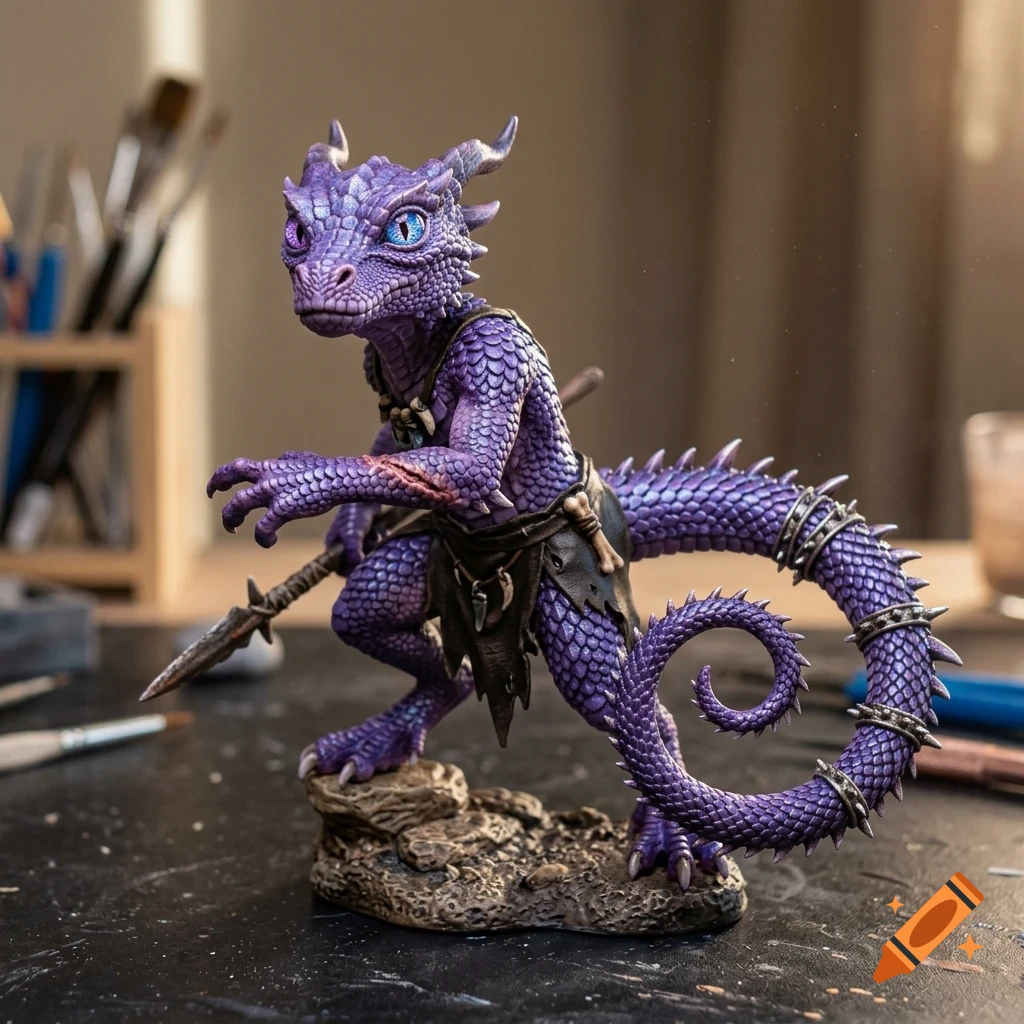 A detailed purple-scaled figurine of a fantasy creature holding a spear, standing on a rock base in a workshop.