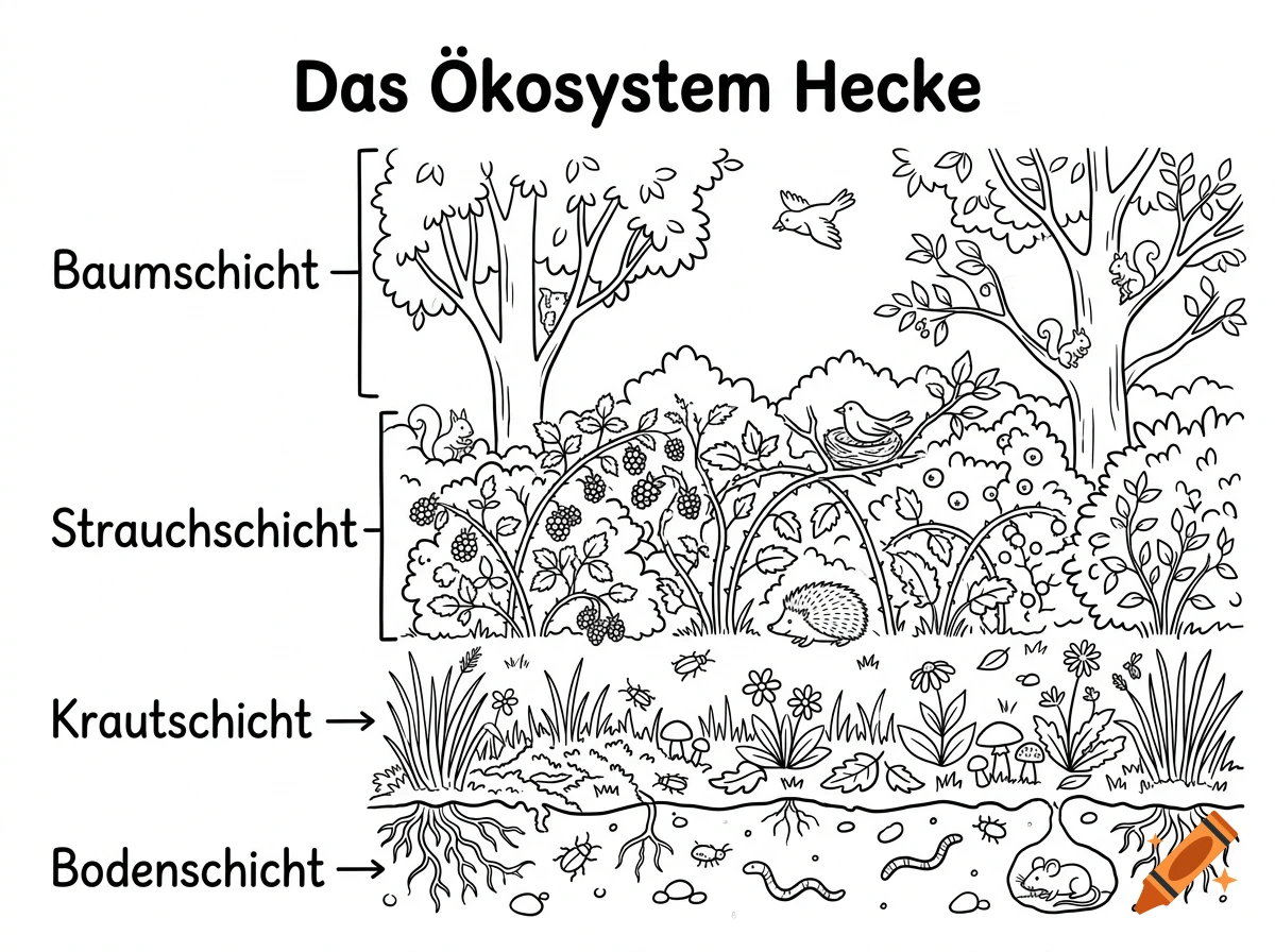 An educational black and white diagram illustrating the layers of a hedge ecosystem, showing trees, shrubs, plants, and subterranean wildlife with German labels.