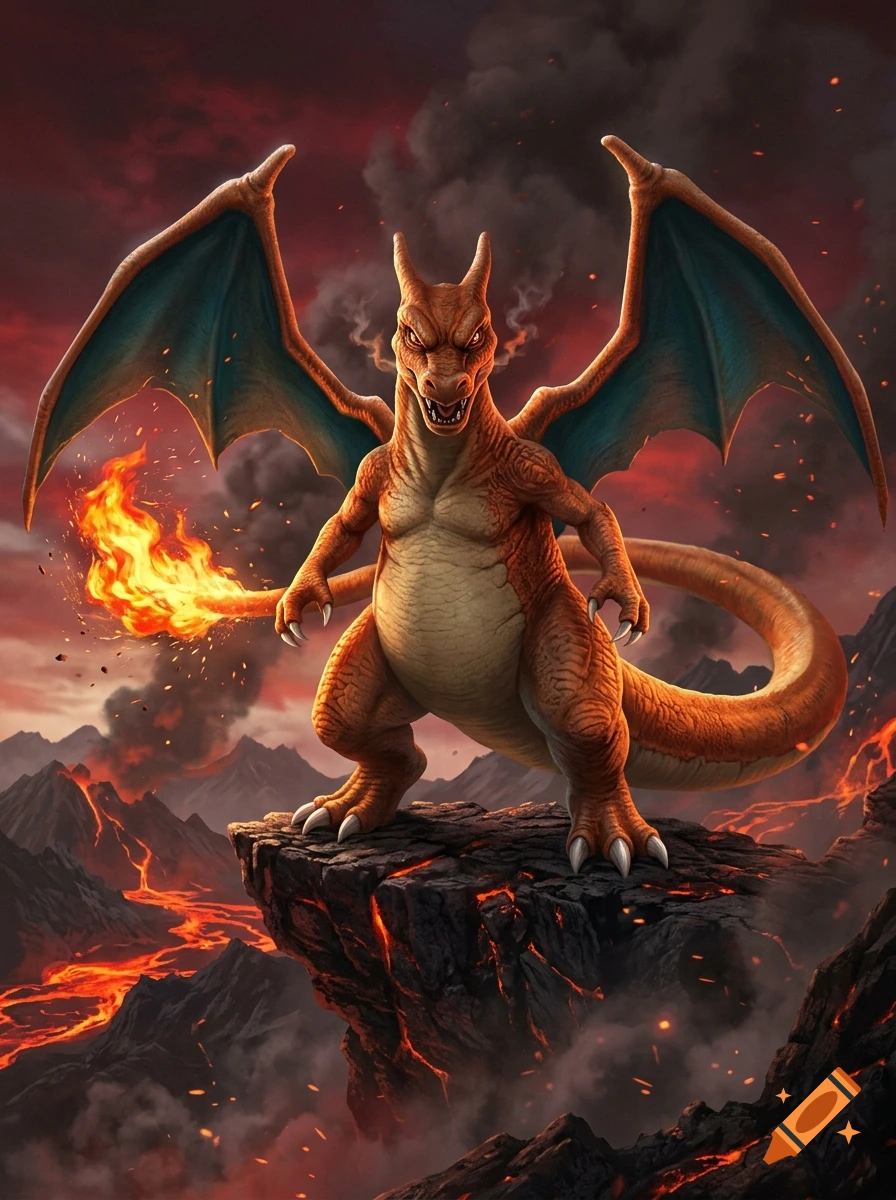 Detailed digital painting of the fire-type dragon Charizard standing on a volcanic rock surrounded by smoke and lava.