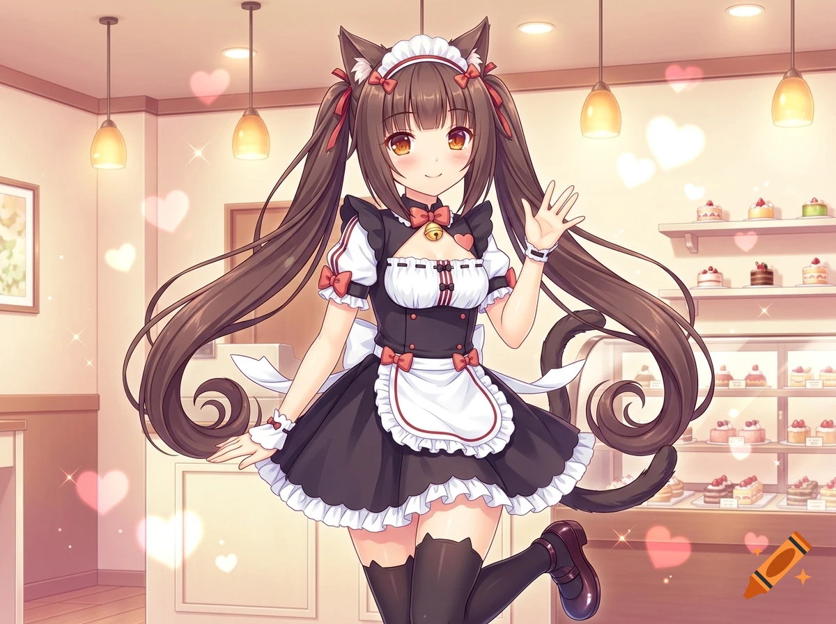 Anime art of Chocola from Nekopara wearing a maid outfit in a bakery.