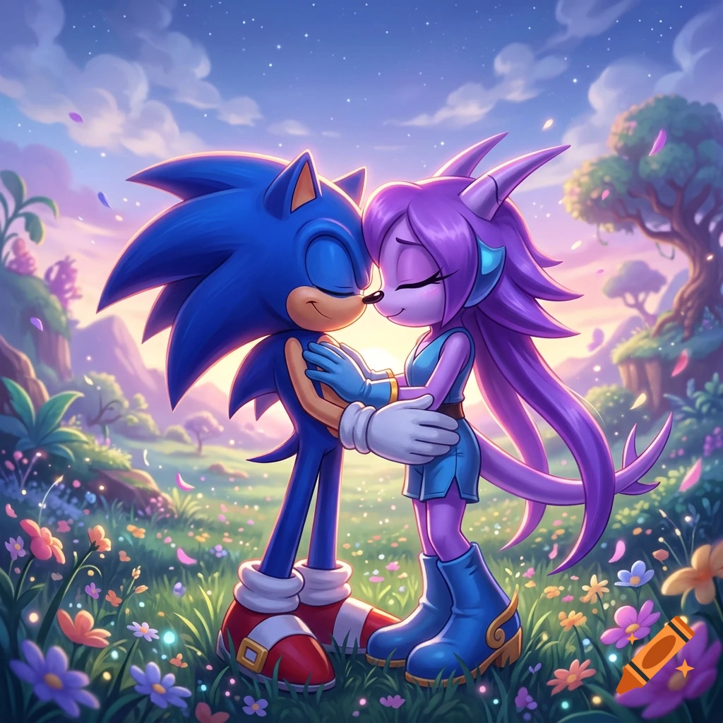 Digital illustration of Sonic the Hedgehog embracing a purple female character in a lush flower meadow at sunset.