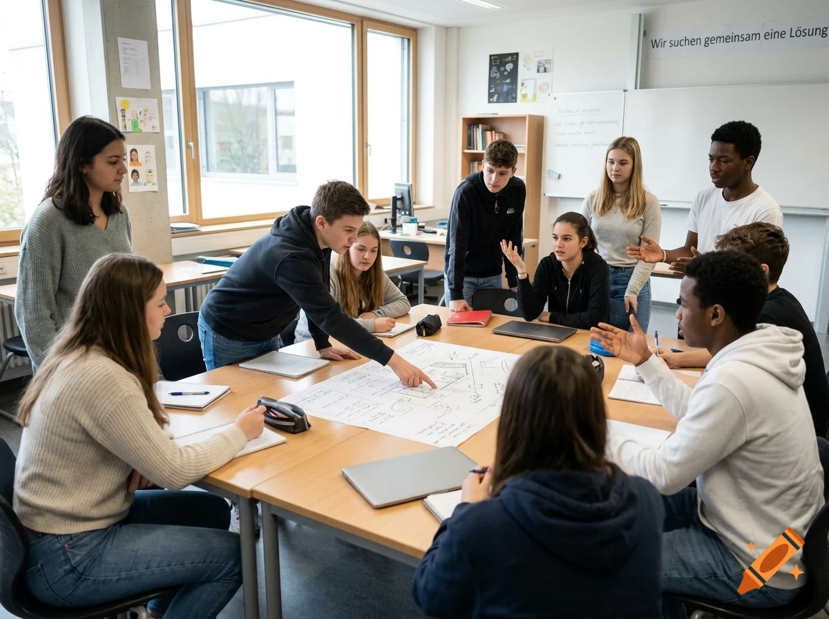 A group of high school students gather around a large table in a brightly lit classroom, collaborating on a project and discussing plans drawn on a large sheet of paper.