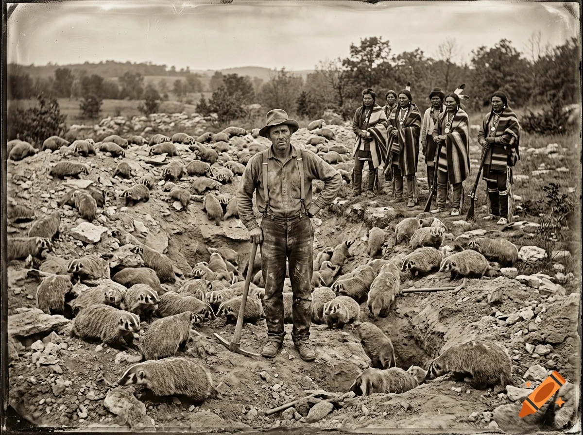 19th-century style photograph of a lead miner standing in a pit surrounded by badgers, with Ho-Chunk warriors watching in the background.