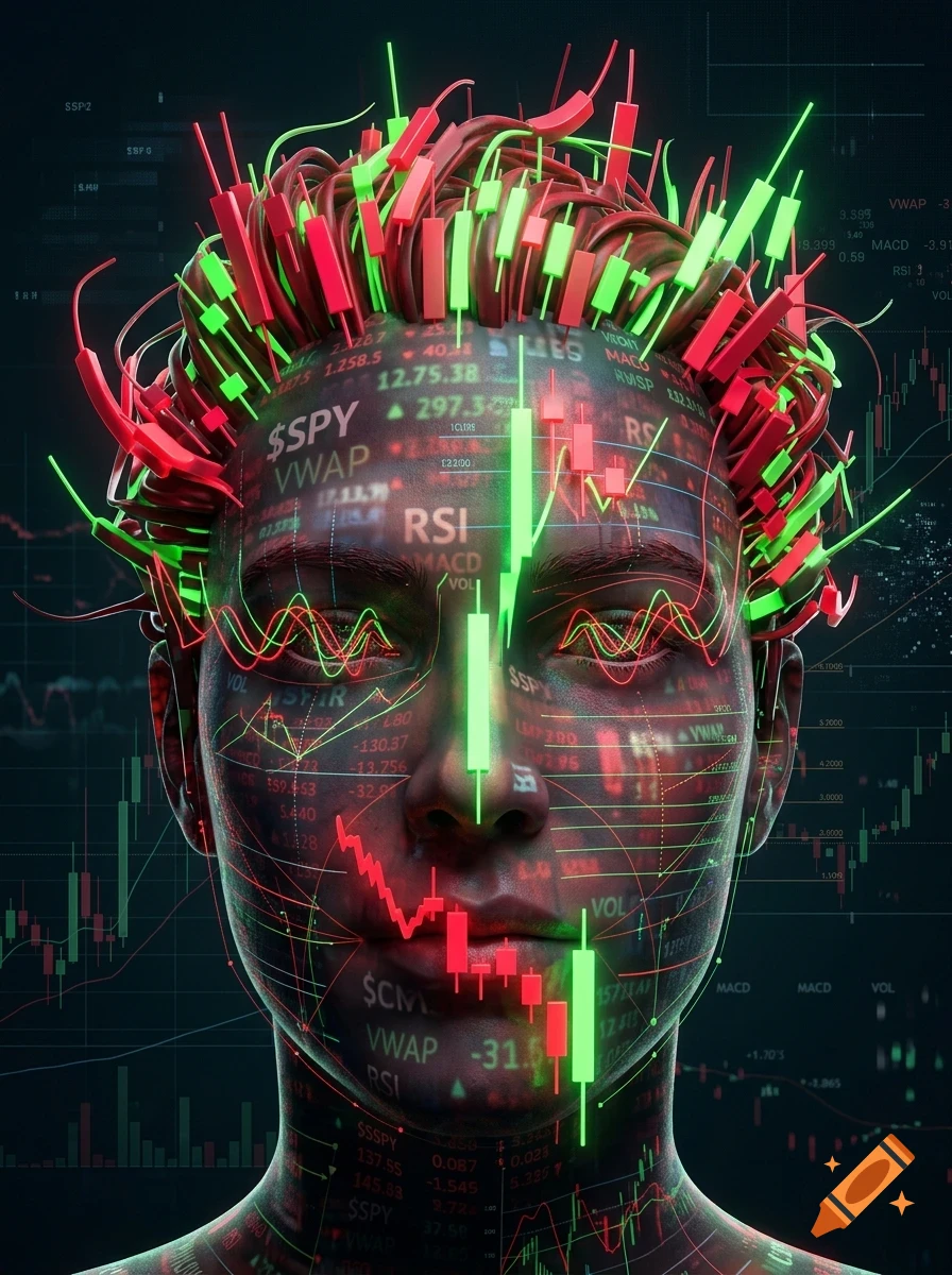 A stylized human head covered in financial stock market charts, graphs, and glowing green and red candlesticks as hair against a dark background.