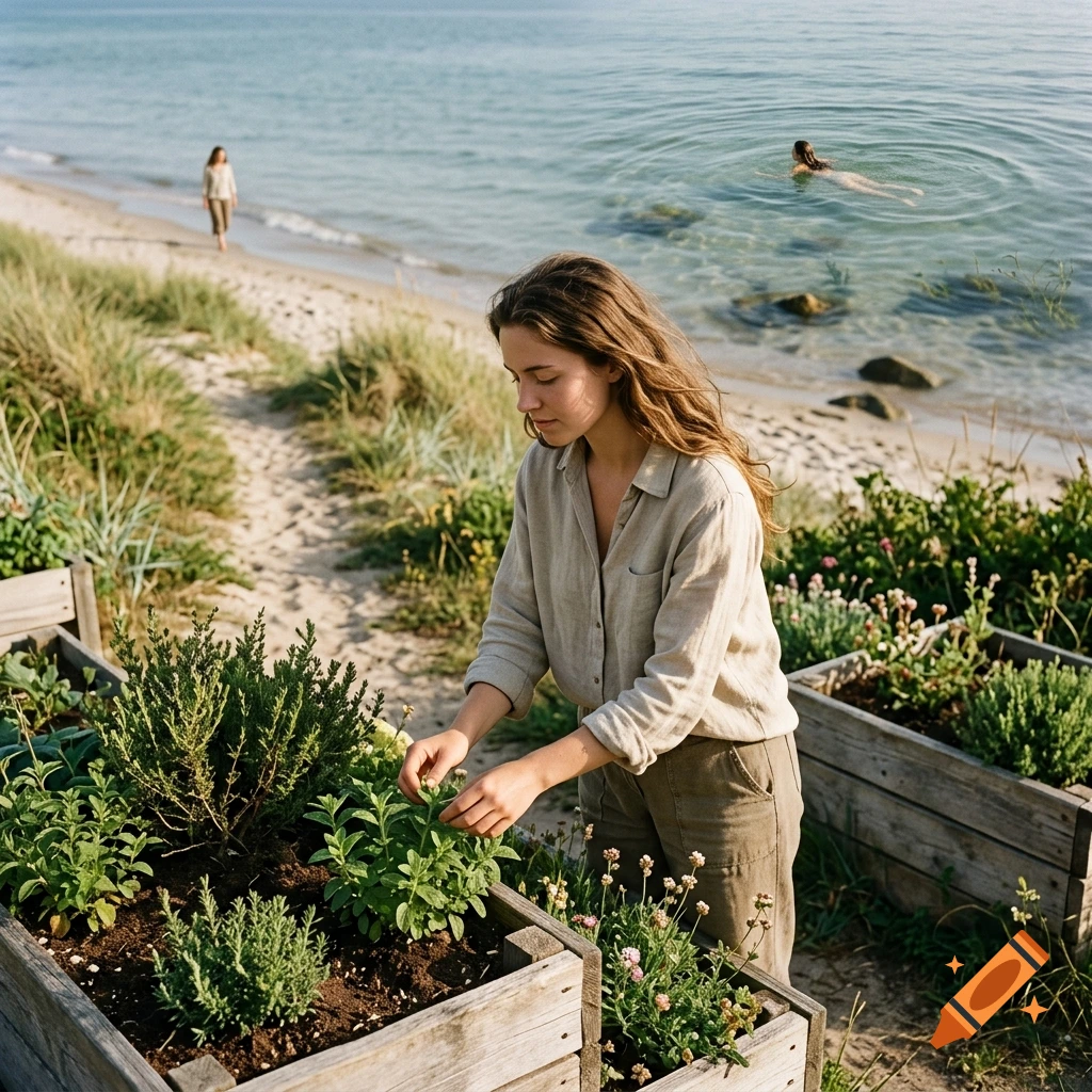 A woman tending to wooden raised garden beds on a sandy beach, with the sea and people in the background, photorealistic style.