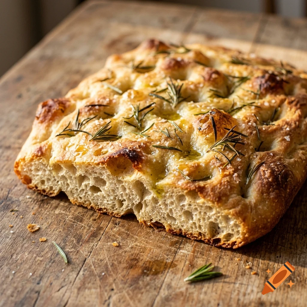 A close-up photograph of freshly baked focaccia bread topped with rosemary and sea salt, resting on a rustic wooden surface.