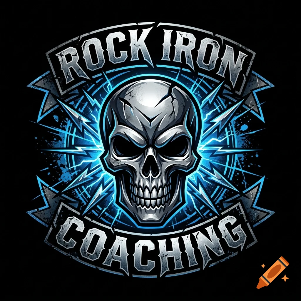 A stylized emblem featuring a metallic skull surrounded by blue lightning and geometric shapes, with the text 'ROCK IRON COACHING' arched above and below against a black background.