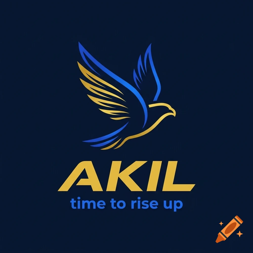 A stylized vector logo depicting a bird in flight in blue and gold colors, with the text AKIL and time to rise up below against a dark background.
