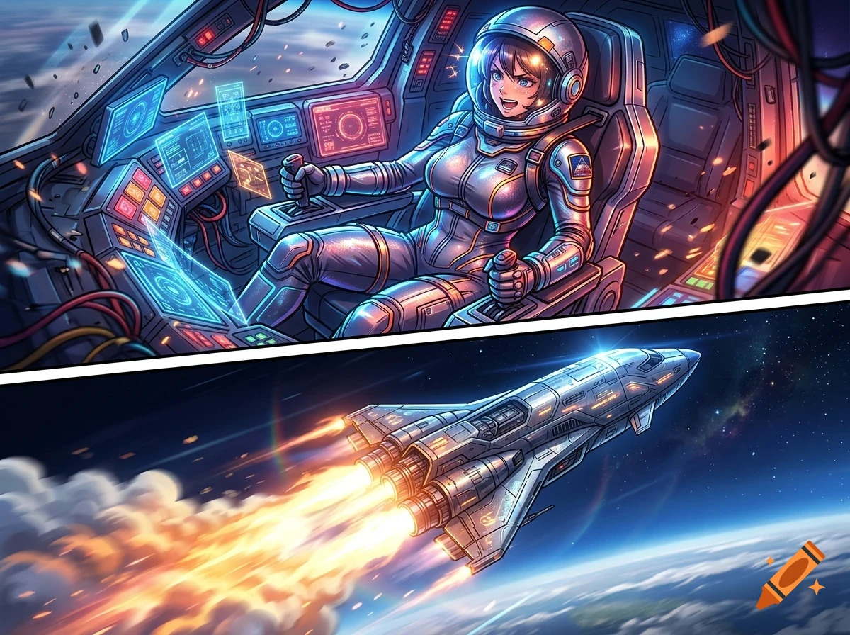 An anime-style split-panel illustration showing an astronaut piloting a spacecraft's cockpit in the top panel and a spaceship launching into space in the bottom panel.