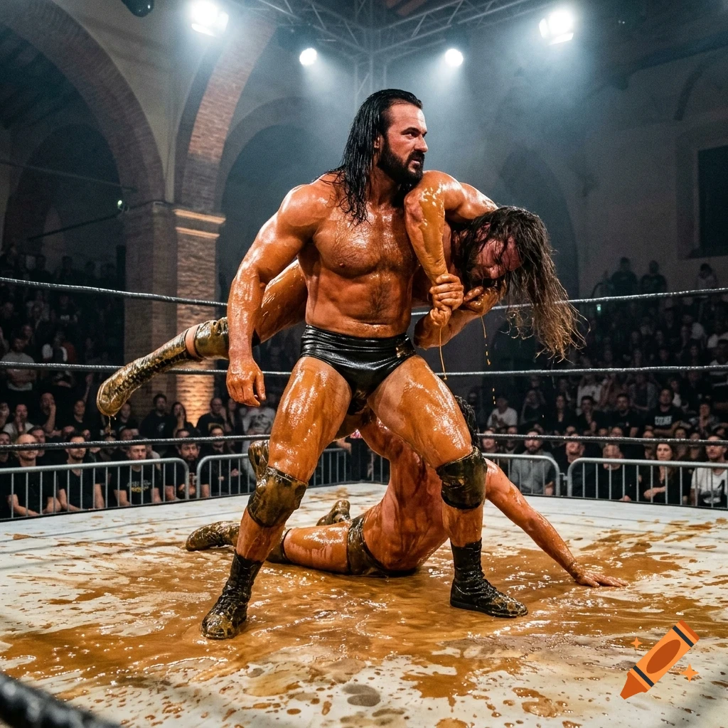 Two wrestlers covered in mud grappling inside a ring before a crowd