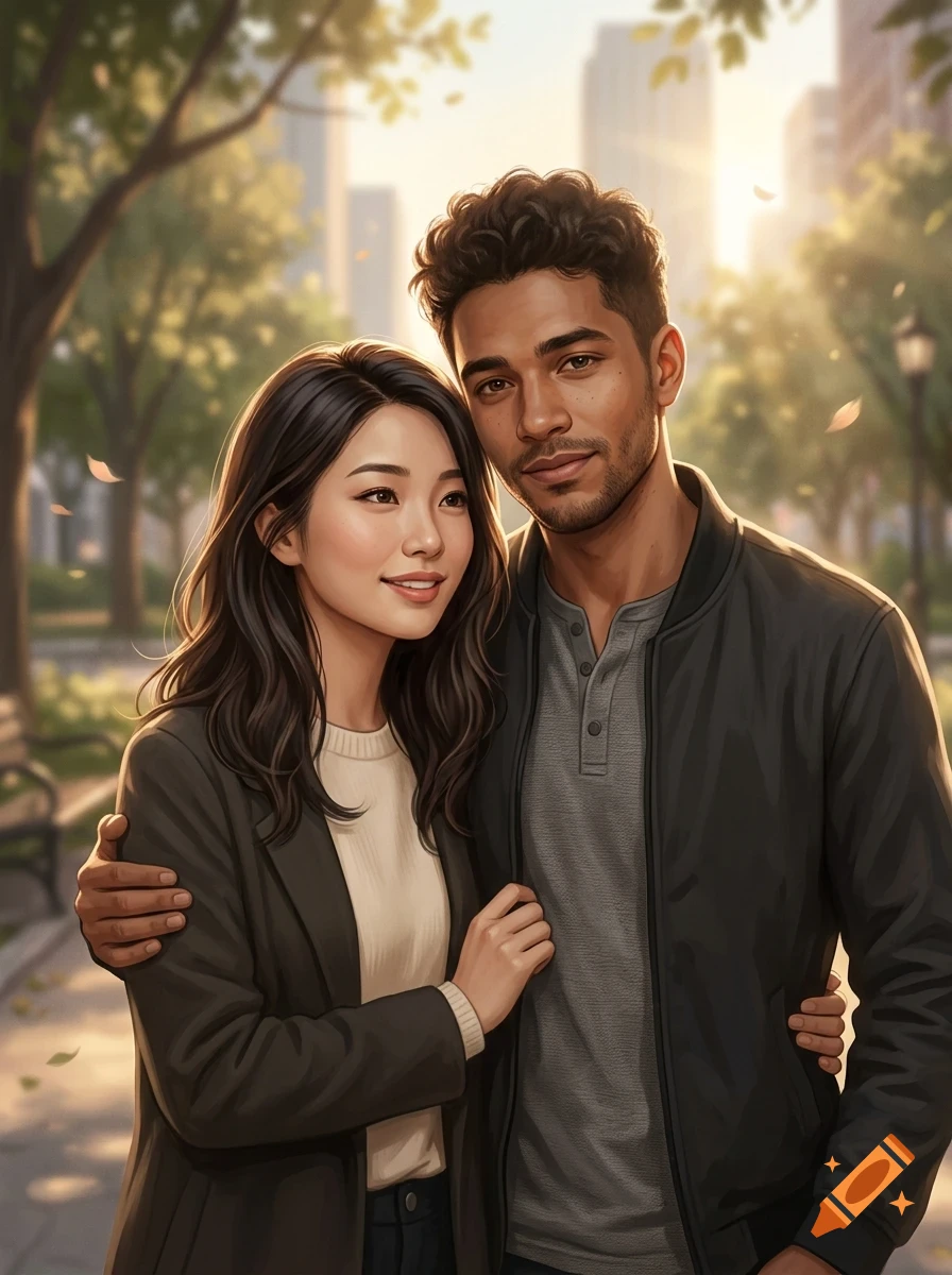 A young man and woman stand closely together in an outdoor park, smiling gently as the man embraces her.