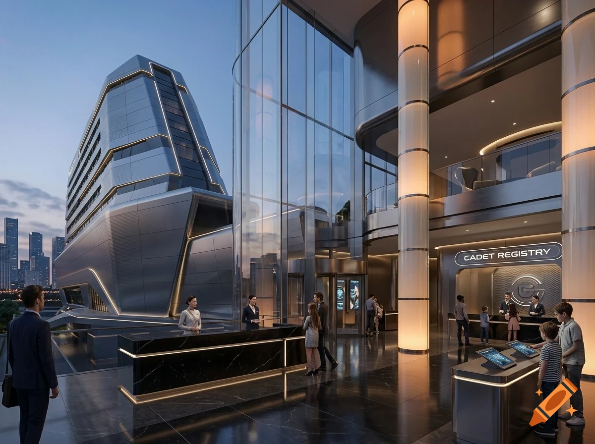 A futuristic multi-level building interior with a sleek reception desk, metallic and glass architecture, and several people walking and standing around.