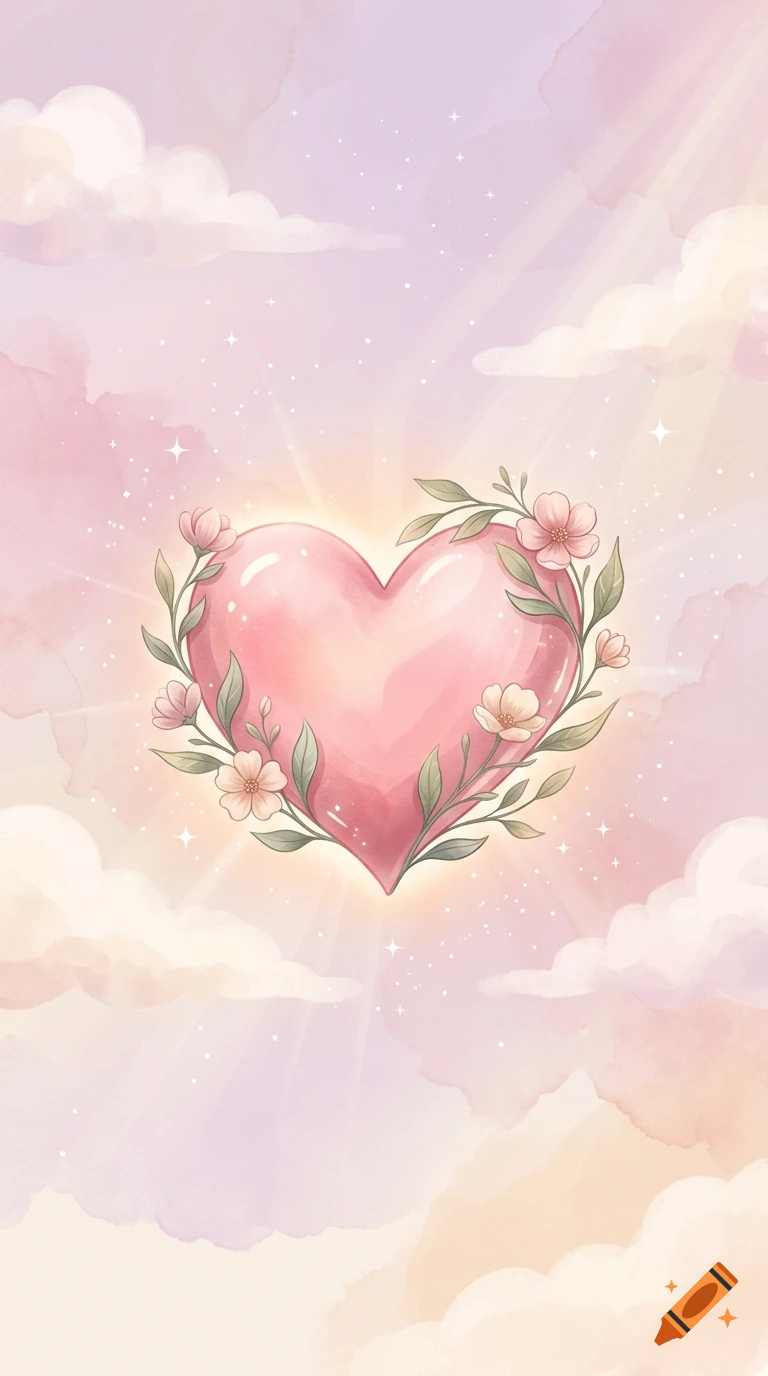 Digital watercolor illustration of a glowing pink heart surrounded by leaves and flowers, floating in a pastel sky with clouds and light rays.