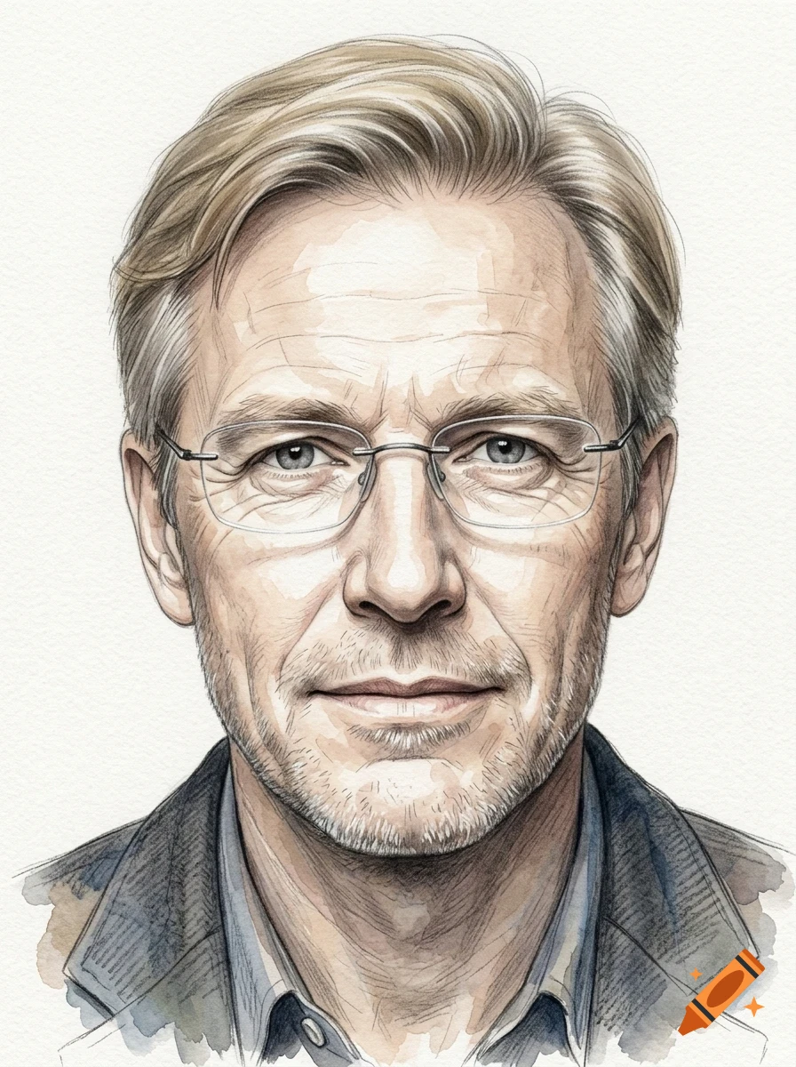 Portrait of a middle-aged man with blonde hair, stubble, and glasses, depicted in a watercolor illustration style.