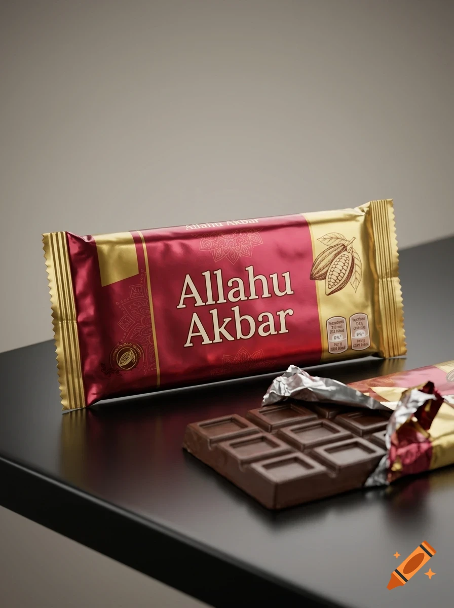 A chocolate bar in a red and gold wrapper with text, alongside an opened chocolate bar showing segmented pieces on a dark surface.