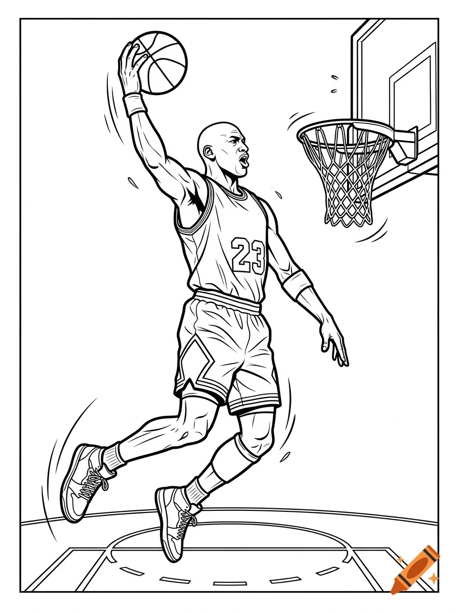Black and white line art coloring page of a basketball player dunking a basketball.
