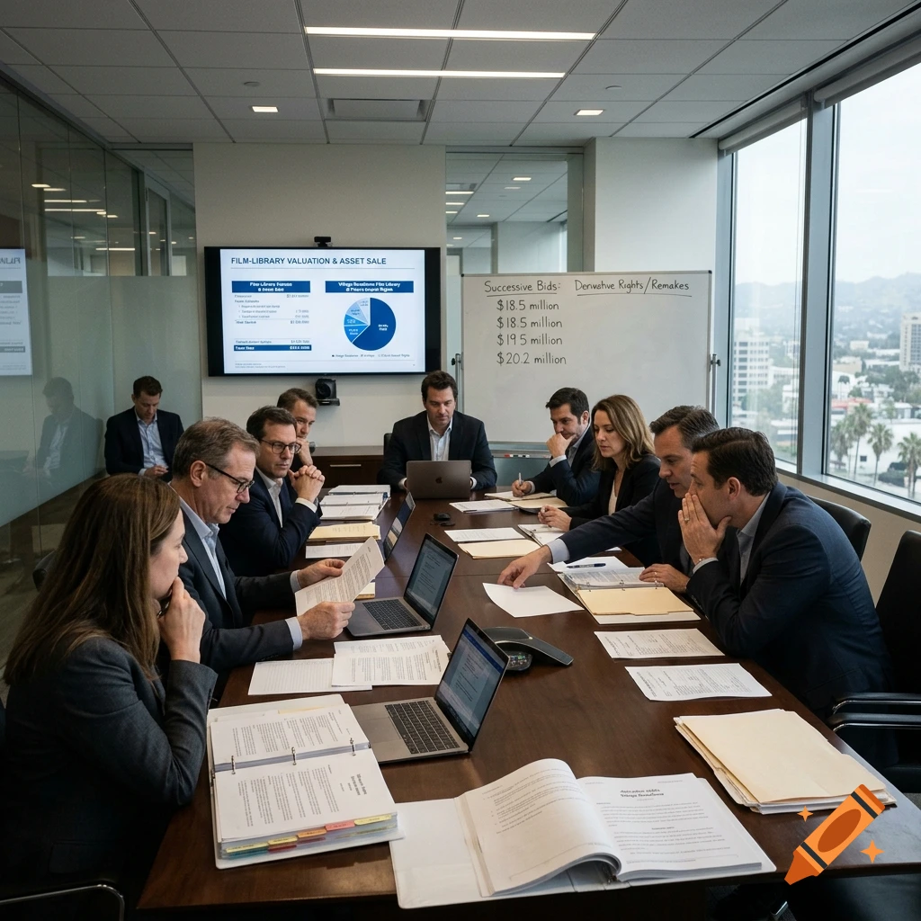 Photorealistic image of business executives in a boardroom holding a meeting around a conference table.
