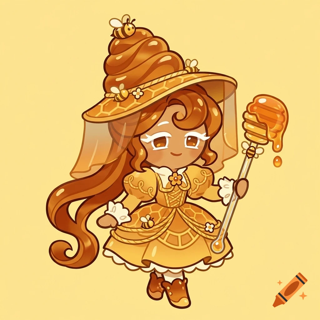 A stylized cartoon character wearing a bee-themed dress, a large beehive-shaped hat with a veil, holding a honey dipper staff, surrounded by small bees.