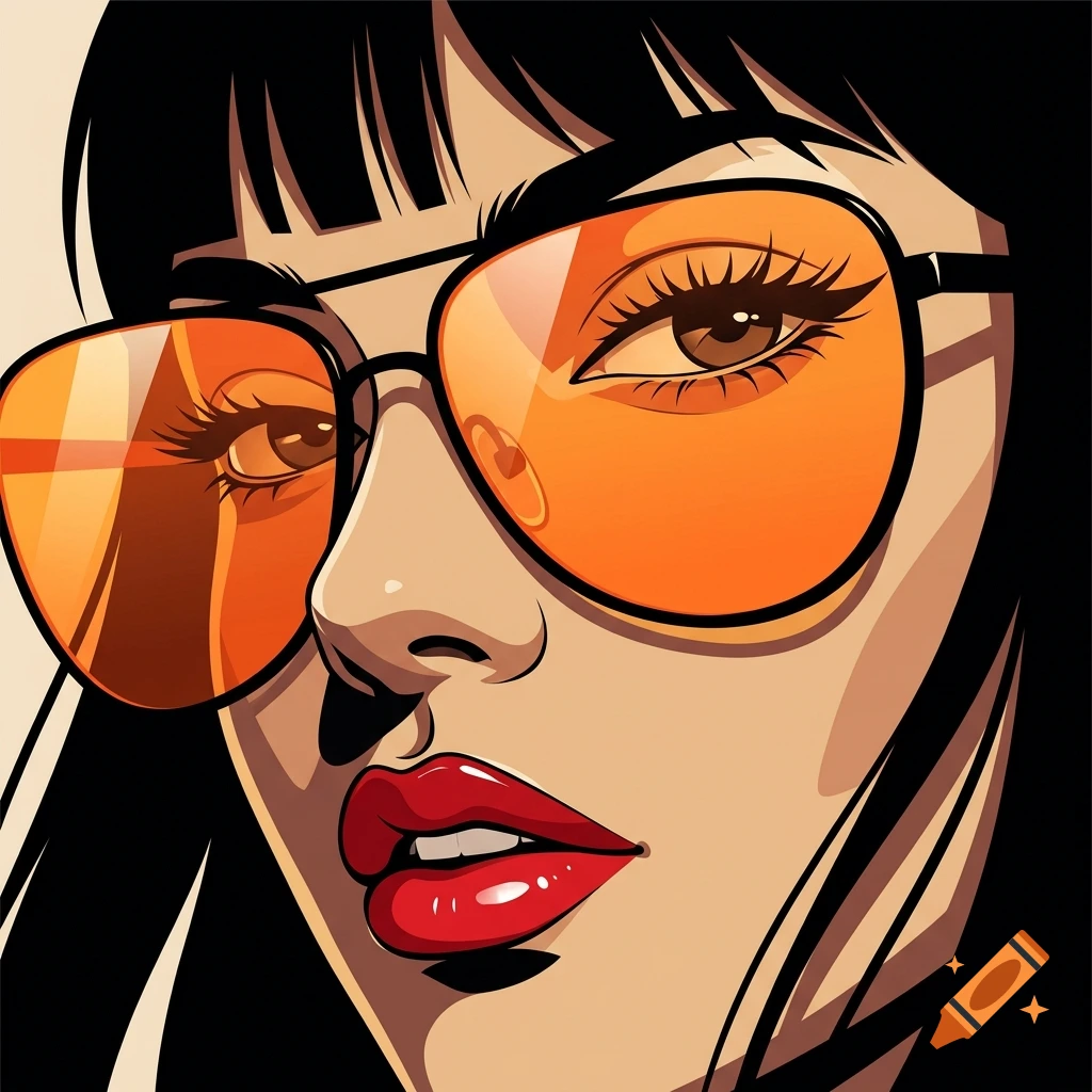 Stylized digital illustration close-up of a woman's face wearing orange-tinted sunglasses, red lipstick, and black hair with bangs.