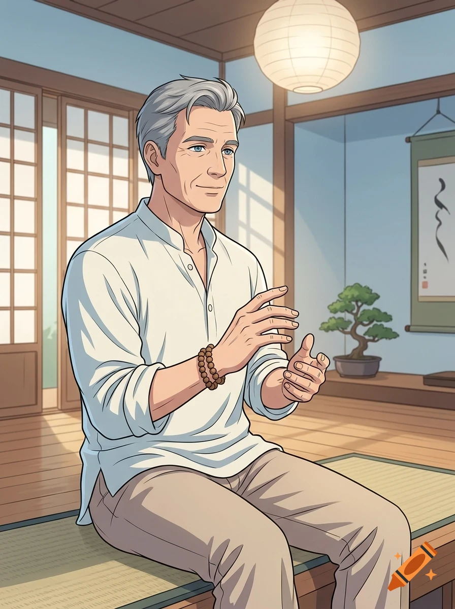 An illustration of an older man with gray hair wearing a white shirt and tan pants, sitting in a traditional Japanese-style room with a bonsai tree and lantern.
