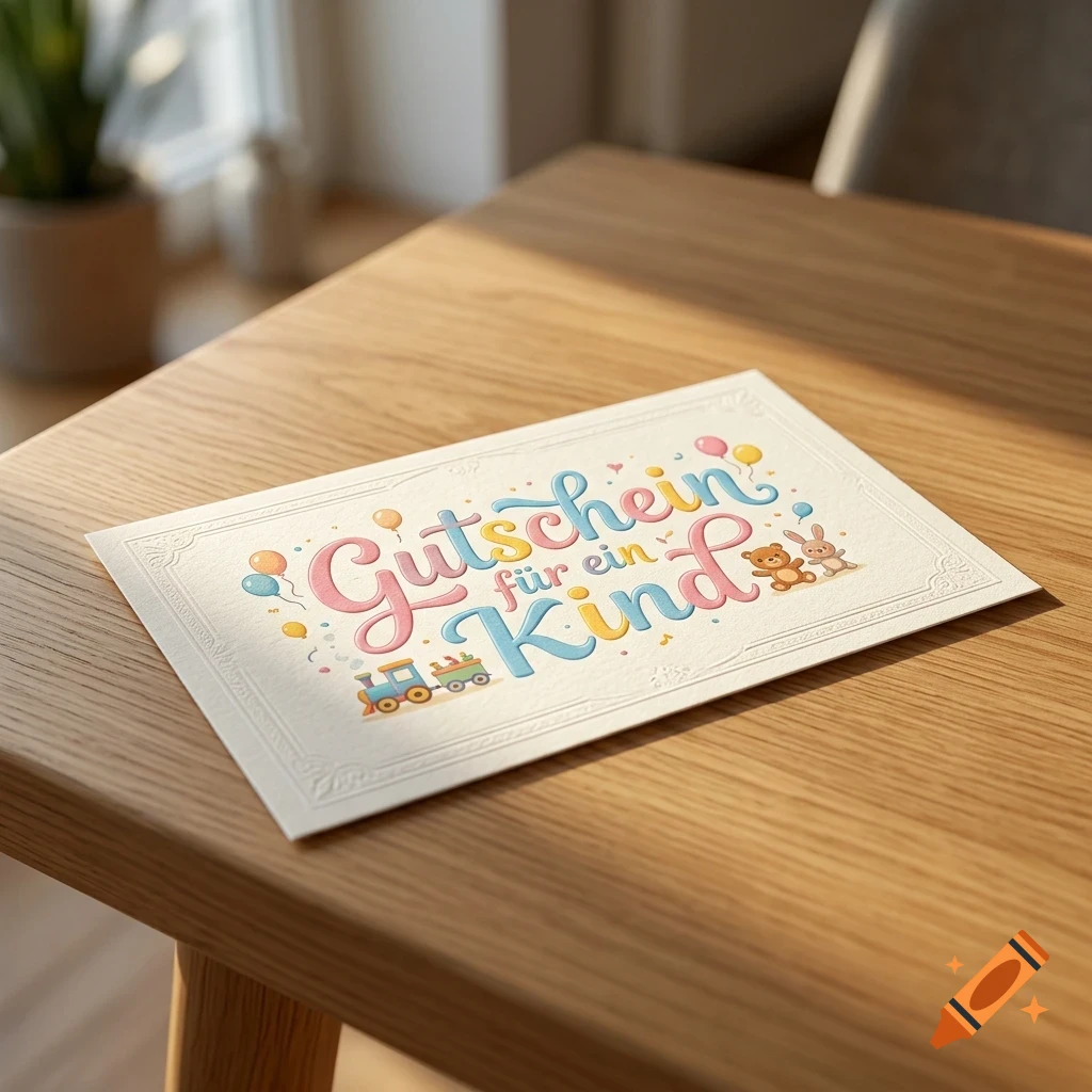 A greeting card with the German text "Gutschein für ein Kind" rests on a wooden table, decorated with colorful letters, balloons, a toy train, a teddy bear, and a bunny.