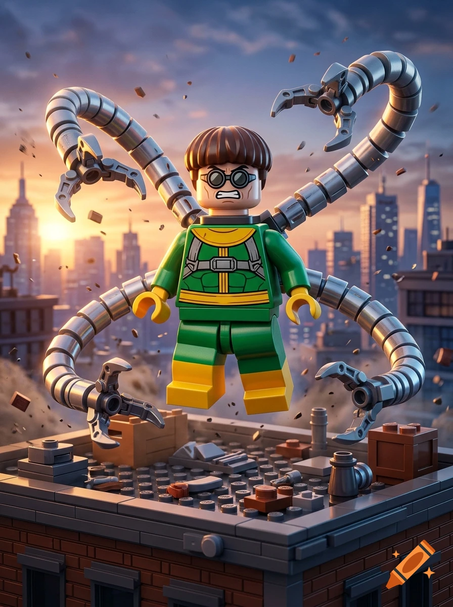 Lego Doctor Octopus figure with mechanical tentacles hovering over a brick-built city rooftop during sunset