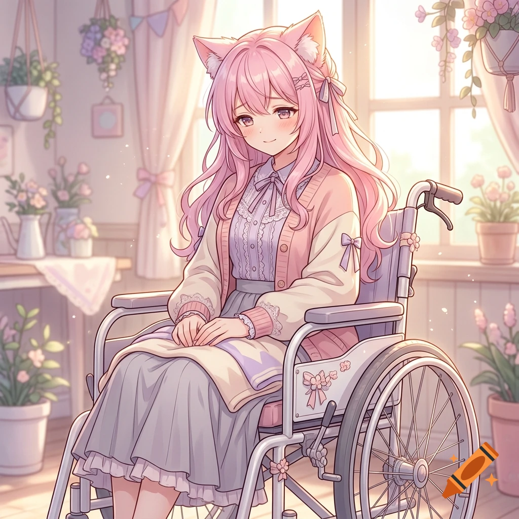 Anime style illustration of an adorable pink-haired girl with cat ears sitting in a wheelchair indoors.