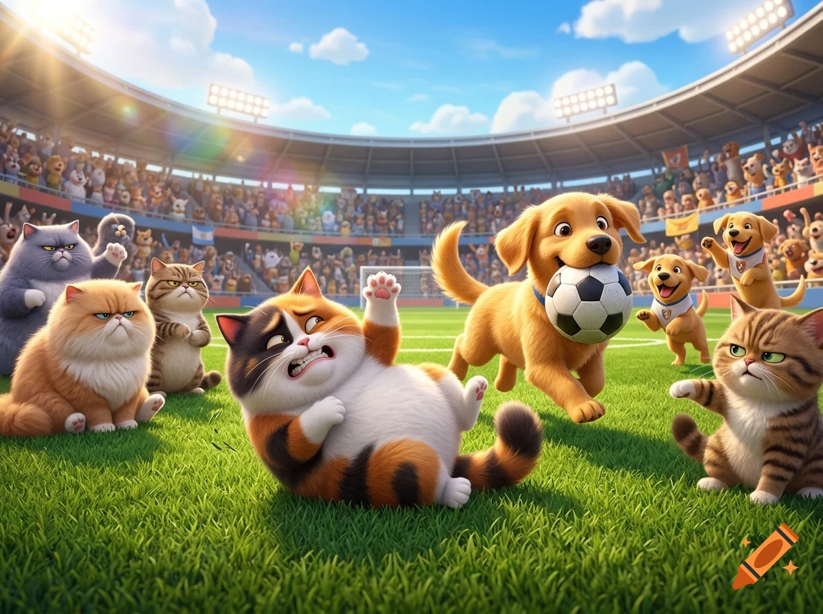 Cartoon cats and dogs play a soccer match in a large, crowded stadium.