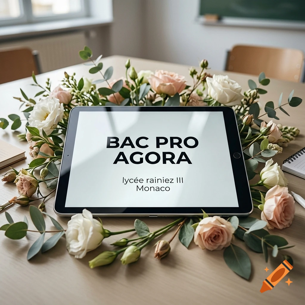 A digital tablet displaying 'BAC PRO AGORA lycée rainiez III Monaco' surrounded by a floral arrangement on a wooden table.