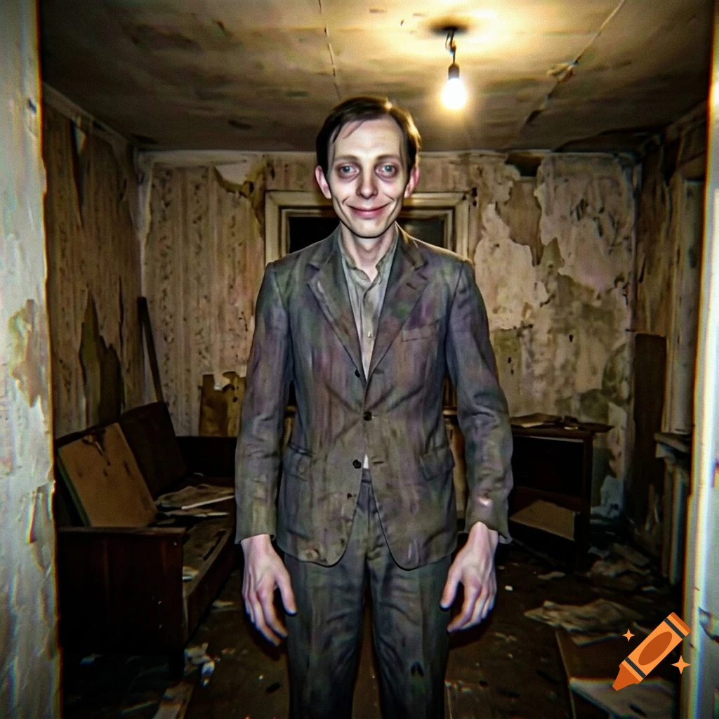 A creepy uncanny man in a ill-fitting suit smiling broadly inside a dilapidated room, reminiscent of early AI generation horror aesthetics.