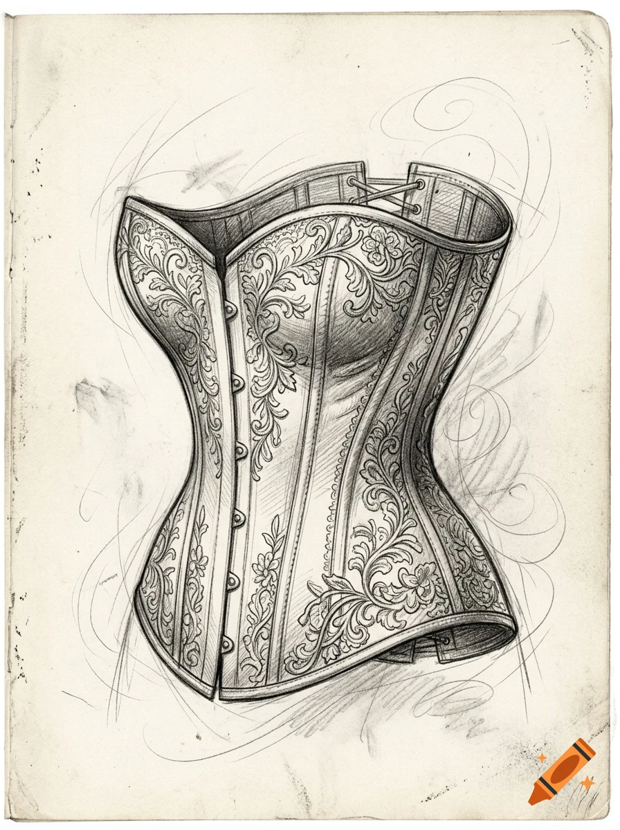 Pencil sketch of an ornate corset featuring floral and scrollwork patterns, presented on aged paper with loose preliminary lines.