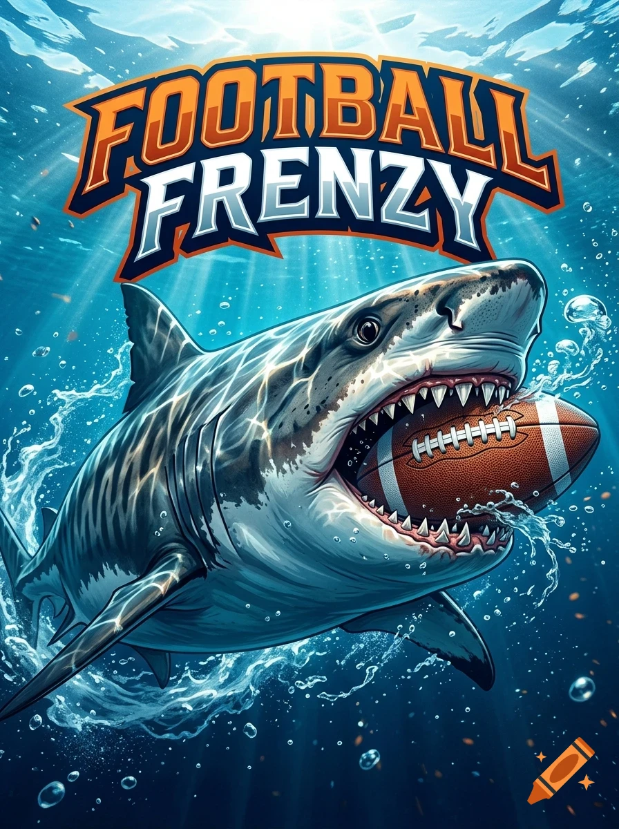 An underwater scene features a great white shark biting a football, with bold text reading 'FOOTBALL FRENZY' above it.