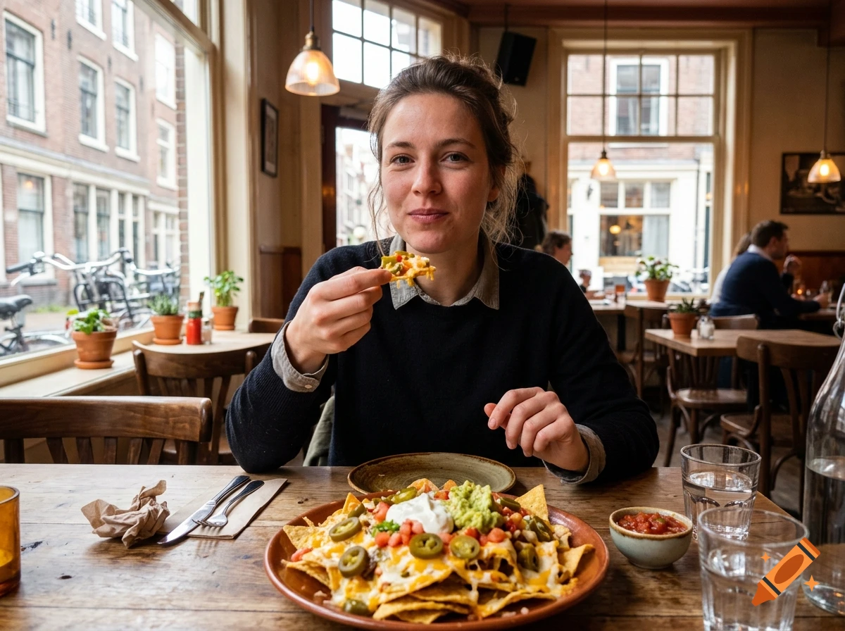 A young woman eating nachos with jalapeños and guacamole at a restaurant in the Netherlands, photorealistic.