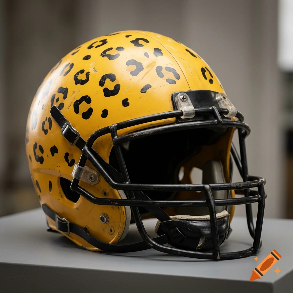 A vintage yellow football helmet with black leopard spots and a black facemask, sitting on a grey surface in a studio setting.
