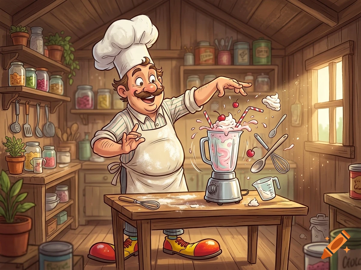 A cartoon chef in a rustic kitchen is joyfully making a milkshake in a blender that splashes around him.